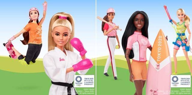 인형 제작사 마텔이 출시한 도쿄올림픽 기념 바비 인형. "아시아계가 없다"는 비판이 이어지자 마텔은 스케이트보드 인형(맨 왼쪽)이 아시아계를 대표한다고 해명했다. 바비 공식 트위터