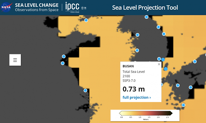부산지역 해수면 상승 정보. [사진=NASA]