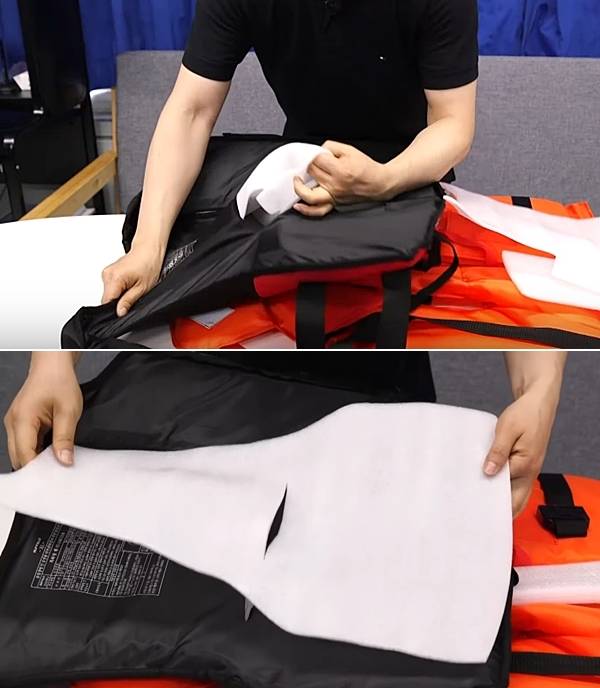 구명조끼에서 충전재를 빼내는 모습. 안전한TV 유튜브 캡처