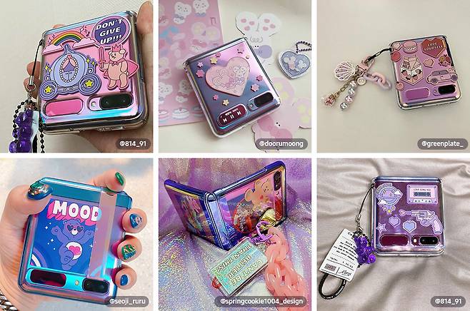 갤럭시Z플립은 기존에도 화장품 쿠션 팩트와 같은 아기자기한 폼팩터(기기 형태)로 ‘젊은 인싸폰’으로 소개되며 젊은 여성들에게 인기를 끌었다. 사진은 SNS 게시물 캡처.