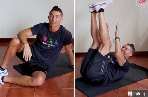 축구 선수 크리스티아누 호날두가 나이키가 기획한 '리빙룸 컵'에서 홈 트레이닝 동작 기록에 도전하는 모습. 사진 '더선' 홈페이지 캡처