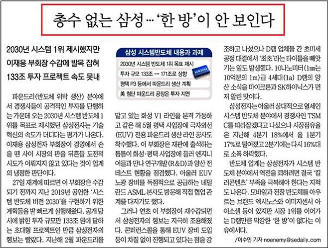 ▲ 이재용 부회장 부재로 삼성이 위기를 겪고 있다고 주장한 서울경제 (7월28일)