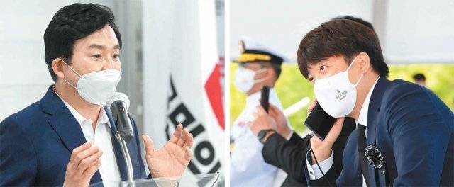 원희룡 전 제주도지사는 18일 오전 서울 여의도 국민의힘 당사에서 긴급 기자회견을 열어 ‘윤석열 정리’ 발언을 두고 공방 
중인 이준석 국민의힘 대표를 향해 “오후 6시까지 나와 통화한 녹음 파일 전체를 공개하라”고 요구했다(왼쪽 사진). 이 대표가 
전날 통화 내용을 공개한 것에 대한 반박이다. 18일 오전 국립대전현충원에서 열린 홍범도 장군 유해 안장식에서 전화 통화를 하고 
있는 이 대표. 사진공동취재단