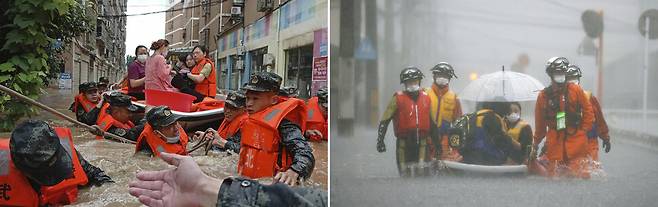 지난 12일 중국 후베이성 쑤이저우의 홍수 피해 지역에서 구명조끼를 입은 무장경찰들이 주민들을 보트에 태워 구조하고 있다.(왼쪽) 지난 14일 폭우로 물에 잠긴 일본 서부 후쿠오카현 구루메 거리에서 소방대원들이 고립된 주민들을 보트에 태워 대피시키고 있다.(오른쪽) 연합뉴스