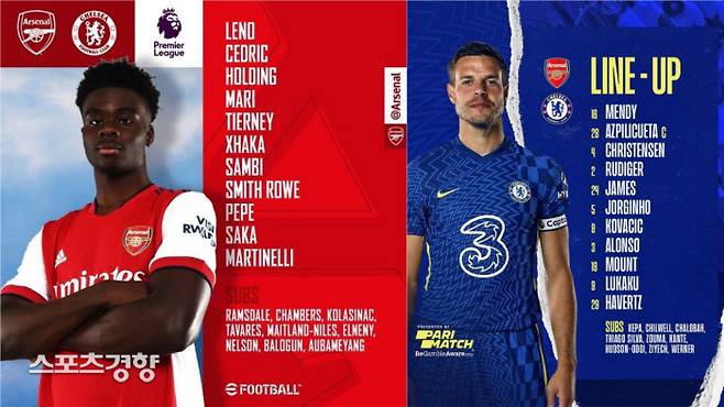 아스널, 첼시 선발 라인업. ‘아스널’, ‘첼시’ 공식 SNS 캡처