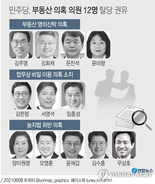 [그래픽] 민주당, 부동산 의혹 의원 12명 탈당 권유 더불어민주당이 6월 8일 국민권익위 전수조사 결과 부동산 불법거래 등 비위 의혹이 드러난 의원 12명 전원에 대해 자진탈당을 권유하기로 했다. [연합뉴스 자료]