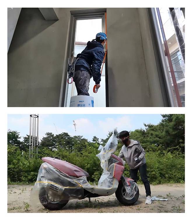 서슬기씨가 운영하는 유튜브 채널 <슬기로운 뺑끼생활> 캡처. 위 사진은 서슬기씨가 도색 작업 전 오염이나 손상을 막기 위해 보양작업을 하는 장면, 아래는 쉬는날 친구 오토바이를 도색해주는 장면이다.