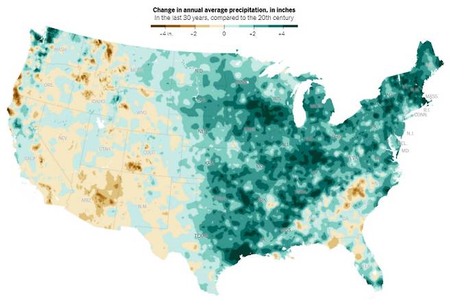 미국 동부 지역과 서부 지역의 지난 30년간 강수량 비교. 뉴욕타임스 화면 갈무리