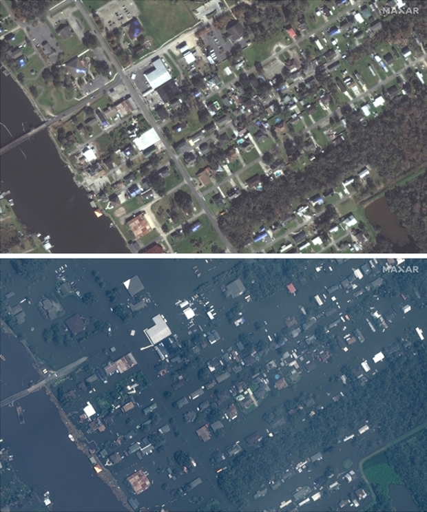 여러 개의 호수에 둘러싸여 있는 뉴올리언스 진 라피트 지역 주택들은 홍수로 불어난 물에 잠겨 겨우 지붕만 드러내놓고 있다. 허리케인 ‘아이다’ 상륙 전후인 22일과 31일 해당 지역의 모습./AP연합뉴스