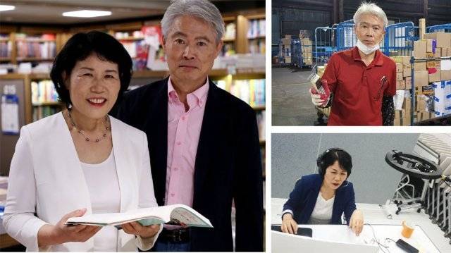 퇴직 이후 ‘내려놓기’를 통해 인생 2막을 펼치고 있는 박경옥 강찬영 부부. 친구와 노는 것처럼 함께 공부한다는 부부가 서울 교보문고에서 포즈를 취했다(왼쪽 사진). 택배 물류센터를 배경으로 한 강찬영 씨(위 사진)와 온라인 강의 중인 박경옥 씨. 강 씨는 물류센터에 촬영 오는 것을 극구 거절하는 대신 셀카를 찍어 보내줬다. 이훈구 기자 ufo@donga.com·강찬영 박경옥 씨 제공