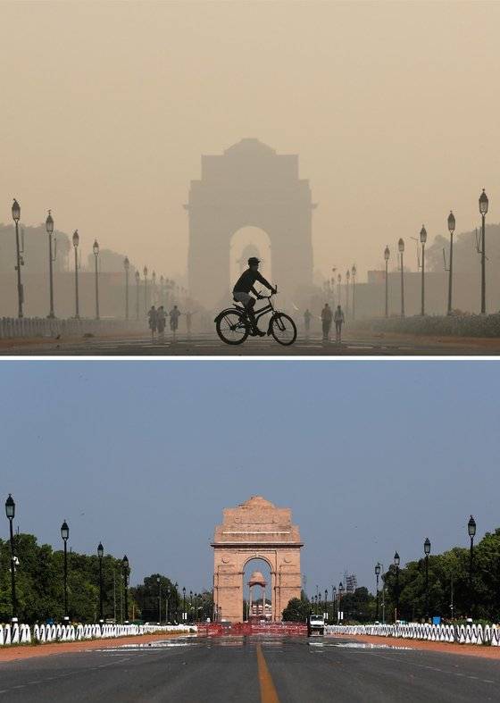 인도 뉴델리의 '인도의 문'에서 바라본 대기오염 변화. 위의 사진은 2019년 10월 17일에 촬영한 것이고, 아래 사진은 코로나19로 봉쇄가 됐던 2020년 4월 8일에 촬영한 것이다. 로이터=WMO