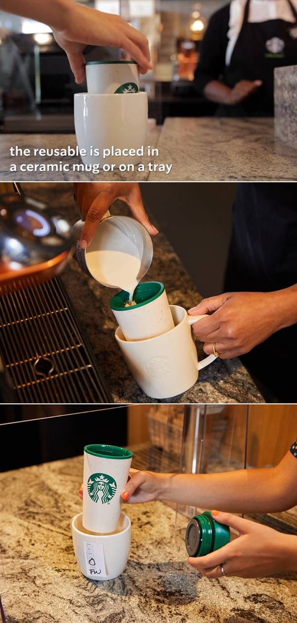 스타벅스가 미국 내 매장에 공지한 재사용컵 사용 직원 가이드라인 영상. 직원의 손이 개인컵에 닿지 않도록 별도의 머그잔이나 용기에 개인컵을 받고, 그 상태로 음료를 담아 전달하도록 했다. 스타벅스 홈페이지 캡처