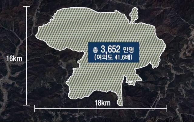육군이 확보한 KCTC 훈련장의 규모를 설명한 자료. 여의도 면적의 약 41배에 달하는 훈련장이 강원도 인제 등에 펼쳐져 있다. /자료제공=육군과학화전투훈련단