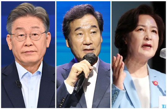 이재명(왼쪽) 경기도지사, 이낙연(가운데) 더불어민주당 전 대표, 추미애 전 법무부 장관. 연합뉴스