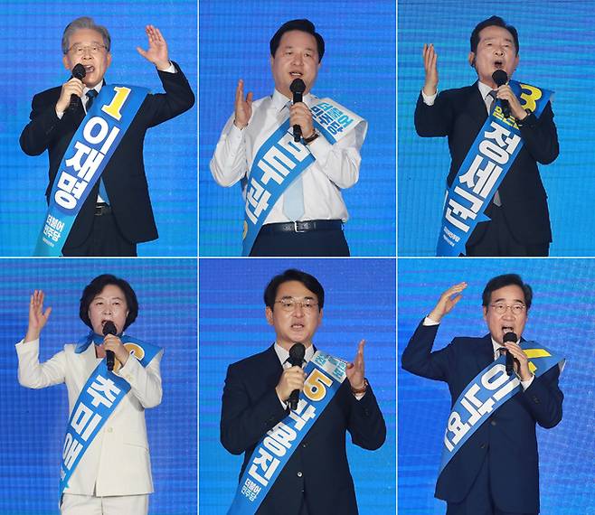 12일 오후 강원 원주시 오크밸리리조트 컨벤션홀에서 열린 더불어민주당 제20대 대통령선거 후보자 선출을 위한 강원 합동연설회(1차 슈퍼위크)에서 각 대선 예비 후보들이 정견발표를 하고 있다. 왼쪽 윗줄부터 시계방향으로 이재명, 김두관, 정세균, 이낙연, 박용진, 추미애 후보. 뉴스1