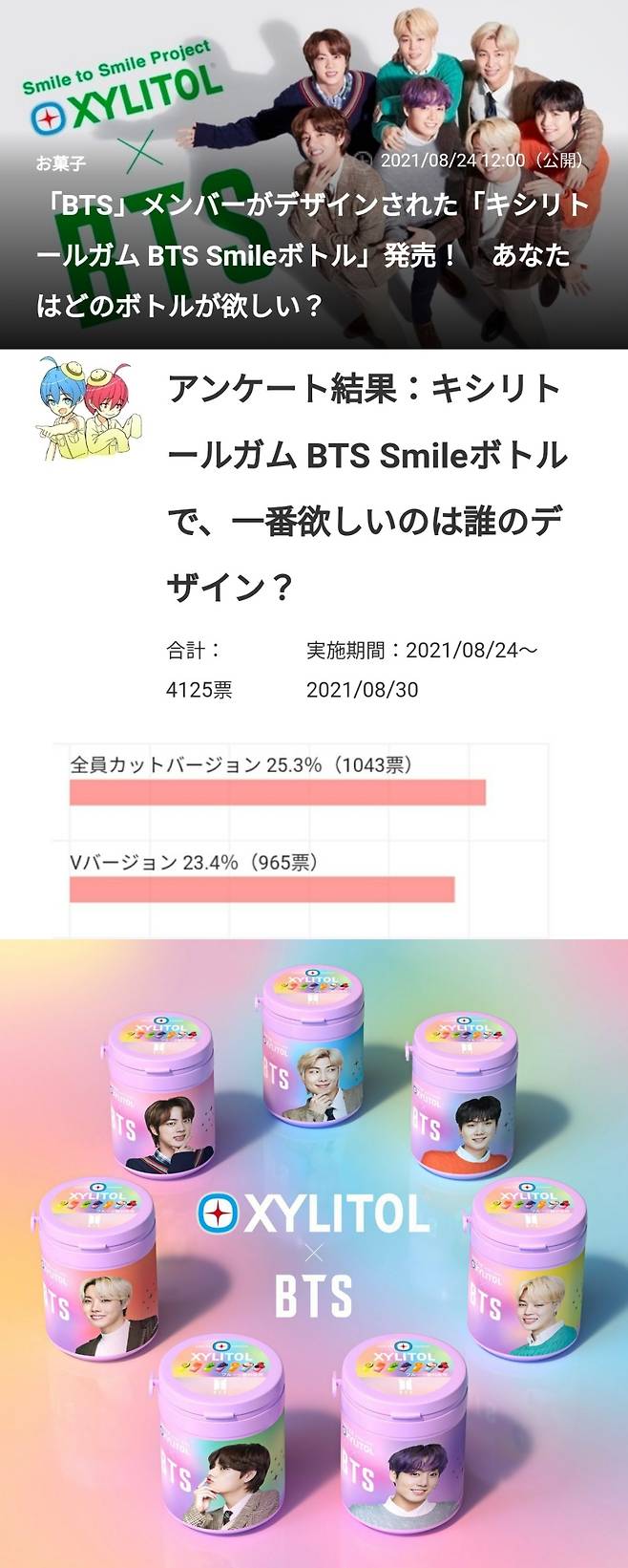 "태형이 자일리톨 병 갖고 싶어요!" 방탄소년단 뷔, 日투표 BTS 멤버 1위..껌도 '뷔릴리언트♡'