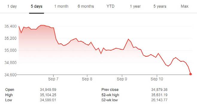 최근 5거래일 다우존스30 산업평균지수 추이. (출처=구글)