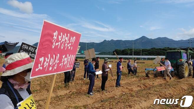 인삼재배 농민들이 충북 보은군 탄부면에 있는 한 인삼밭에서 피켓 시위를 하고 있다. © 뉴스1 장인수 기자