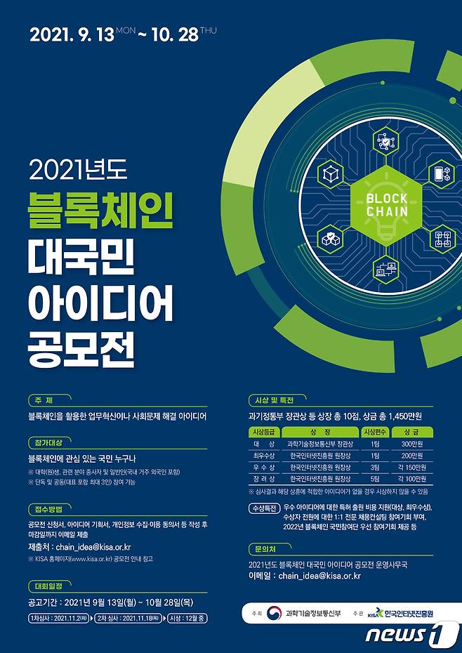 한국인터넷진흥원, 2021년도 블록체인 대국민 아이디어 공모전 포스터 (한국인터넷진흥원 제공) © 뉴스1