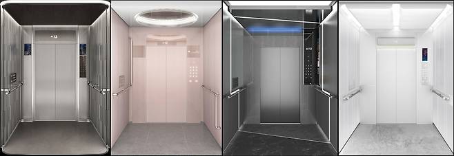 현대엘리베이터가 영국 디자이너 크리스 레프테리와 협업해 제작한 에디션 CLD(Chris Lefteri Design) 4종, 왼쪽부터 럭셔리 저니, 부티크, 엘리베이터 애즈 프로덕트, 이모셔널 쉘터.(현대엘리베이터 제공)© 뉴스1