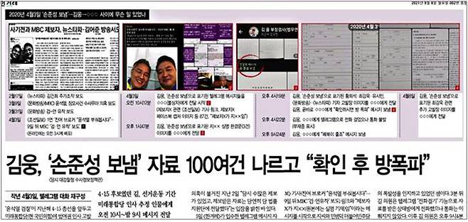 ▲ 국민의힘 김웅 의원이 지난해 미래통합당 관계자와 나눈 텔레그램 대화방 자료를 보도한 한겨레(9월6일)