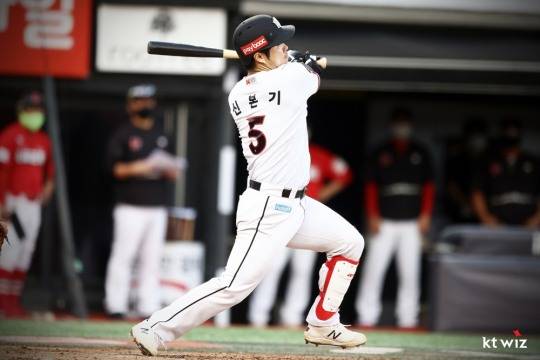 kt가 신본기의 동점타에 이어 역전타까지 날리는 수훈으로 최근 6연승의 두산을 누르고 3연승, 2위와 5게임차로 벌이며 선두 독주에 들어갔다.[kt 위즈 자료사진]
