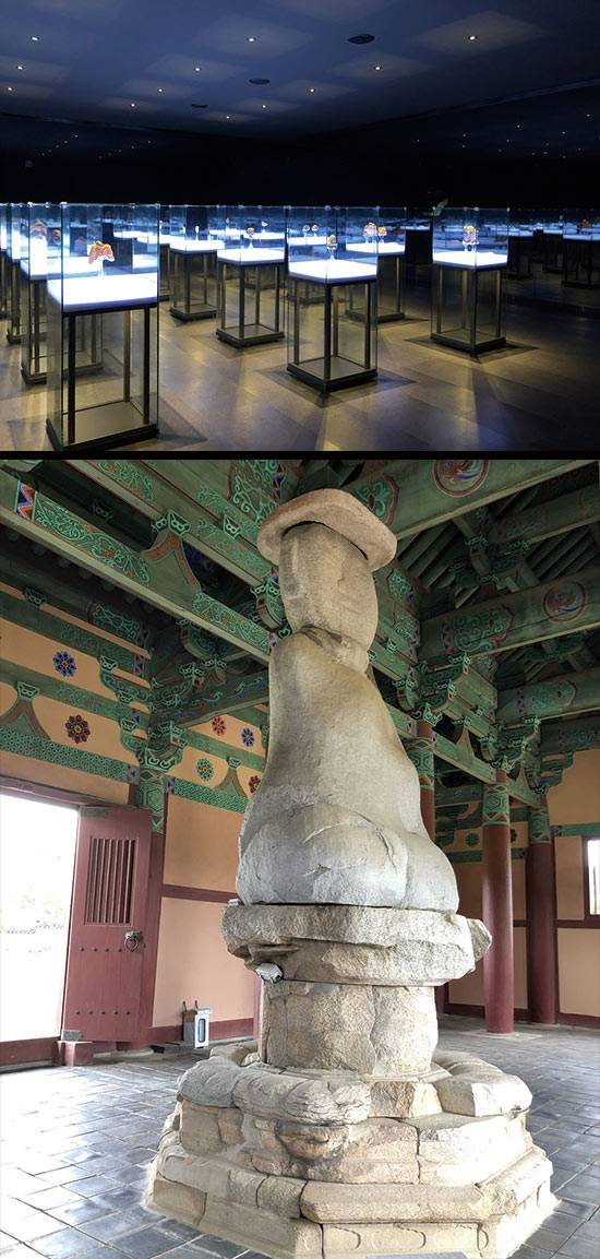 ‌정림사지박물관에 전시된 유물들. AR을 이용해 입체적으로 관람할 수 있다,  정림사 터의 금당 안에 있는 ‘석조 여래 좌상’