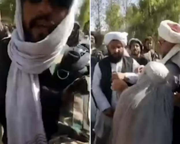 탈레반의 강제 퇴거에 반발하는 여성 주민(오른쪽)을 인터뷰하는 기자에 폭행을 휘두른 탈레반(왼쪽 남성)