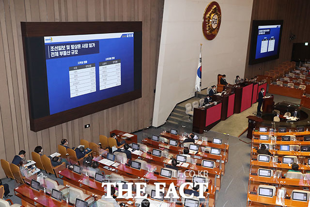 열린민주당 김의겸 의원이 이날 대정부질문에서 조선일보 사장 일가의 부동산 규모를 공개하고 있다.