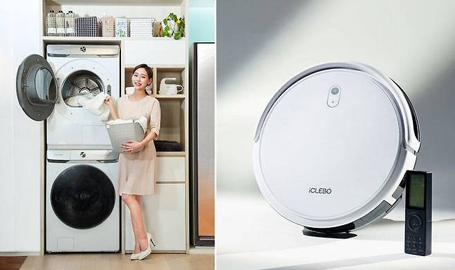 삼성전자 그랑데 Ai 건조기와 유진로봇 아이클레보 G5 프로 로봇청소기 (출처=삼성전자, 유진로봇)