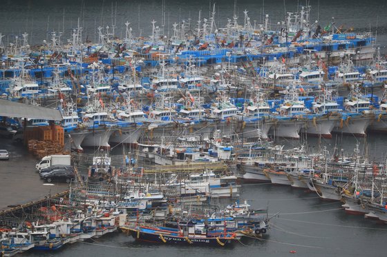 태풍 '찬투'가 제주를 향해 접근하는 16일 오전 서귀포에 어선들이 대피해 있다. 연합뉴스