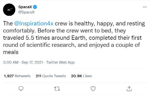 승조원들의 상태를 알리는 스페이스X의 트위터(사진=스페이스X 트위터)