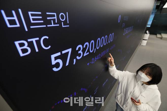 서울 강남구 업비트 라운지에서 한 직원이 시황판을 확인하고 있다. (사진=이데일리 DB)