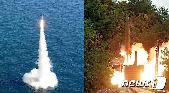 우리나라는 지난 15일 도산안창호함에 탑재된 자체 개발 잠수함발사탄도미사일(SLBM) 발사 시험(사진 왼쪽)을 세계 7번째로 성공했다. 북한은 같은 날 철도기동미사일연대 검열사격 훈련에서 열차에 설치된 발사대를 통해 탄도미사일을 발사했다. (국방부, 노동신문) 2021.9.17/뉴스1 © News1 오대일 기자