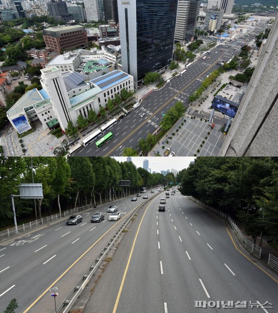 추석 연휴가 시작된 가운데 19일 서울 세종대로(위)와 노들로(아래) 등 주요 도심도로와 간선도로가 한산한 모습을 보이고 있다. 사진=서동일 기자