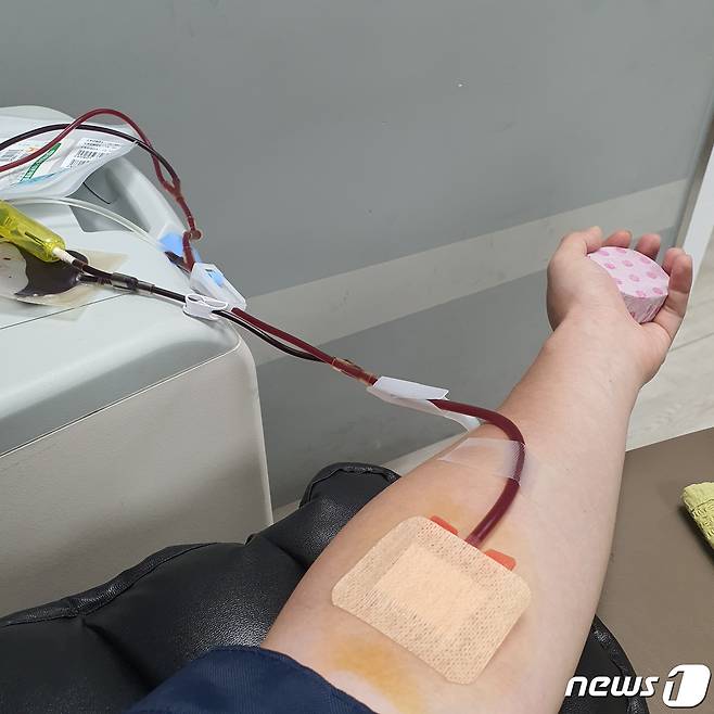 지정헌혈로 환자들에게 자신의 혈액을 나눈 홍성호씨(34)가 헌혈을 하는 모습. 홍씨는 평생 125회의 헌혈을 했다. © 뉴스1