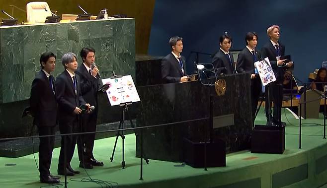 지속가능발전목표 고위급 회의(SDG 모멘트)에서 세계 청년 대표로 연설 중인 방탄소년단. [유엔 유튜브 영상 캡처]