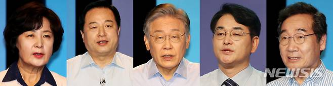 [광주=뉴시스] 신대희 기자 = 더불어민주당 대권 주자들이 19일 오후 광주 MBC에서 열린 제20대 대통령선거 경선 후보 토론회 리허설에서 발언하고 있다. 사진 왼쪽부터 추미애·김두관·이재명·박용진·이낙연 후보. 2021.09.19. sdhdream@newsis.com