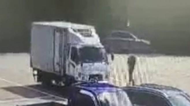 17일 오후 전남 함평나비휴게소에서 파리바게뜨 빵을 운송하던 대체 화물차에, 운전자가 자리를 비운 사이 수상한 남성이 접근하고 있다. /전남지방경찰청