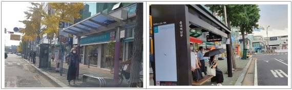 경기 부천 송내역(남부) 서측 시내버스 정류장 정비 전(왼쪽)과 후(오른쪽) 전경.