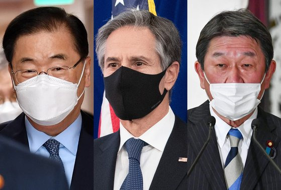 정의용(왼쪽) 한국 외교부 장관과 토니 블링컨(가운데) 미국 국무부 장관, 모테기 도시미쓰(茂木敏充) 일본 외무상은 22일(현지시간) 유엔총회를 계기로 미국 뉴욕에서 3국 외교장관 회담을 개최한다. [AFP=연합뉴스]