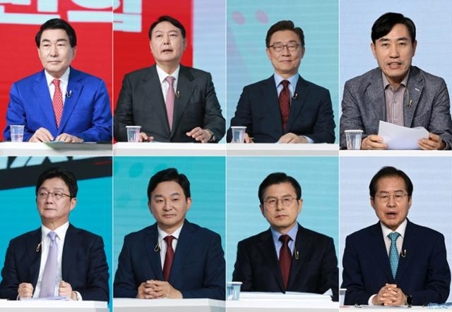 국민의힘 대선 예비후보들이 23일 서울 강서구 ASSA 스튜디오에서 열린 제20대 대통령선거 2차 경선 제2차 방송토론회를 준비하고 있다. 왼쪽 첫째 줄부터 시계 방향으로 안상수, 윤석열, 최재형, 하태경, 홍준표, 황교안, 원희룡, 유승민 후보. 뉴스1