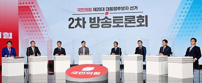 국민의힘 안상수(왼쪽부터), 윤석열, 최재형, 하태경, 홍준표, 황교안, 원희룡, 유승민 대선 경선 예비후보가 23일 서울 강서구 ASSA 스튜디오에서 열린 국민의힘 제20대 대통령후보자 선거 제2차 방송토론회에 나섰다. [연합]