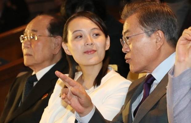 문재인 대통령이 2018년 2월 방남한 당시 김여정 당 중앙위 제1부부장과 국립중앙극장에서 북한 삼지연 관현악단 공연을 보며 대화를 나누는 모습. 사진=연합뉴스