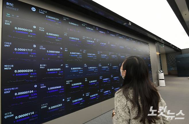 서울 강남구 암호화폐 거래소 업비트 라운지 현황판에 급락하고 있는 비트코인 가격이 보이고 있다. 이한형 기자