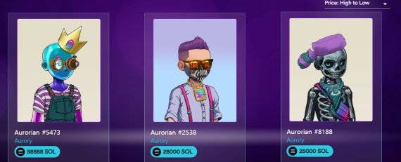 솔라나 NFT 마켓 솔라나트에서 판매되고 있는 솔라나 기반 블록체인 게임 프로젝트 아오리(AURORY) NFT 모습