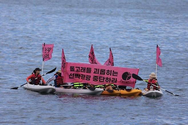 환경보호단체인 핫핑크돌핀스가 지난 11일 서귀포시 대정읍 앞바다 남방큰돌고래 서식지 일대에서 돌고래 보호구역 지정 및 선박관광 중단을 촉구하는 활동을 하고 있다. 핫핑크돌핀스 제공