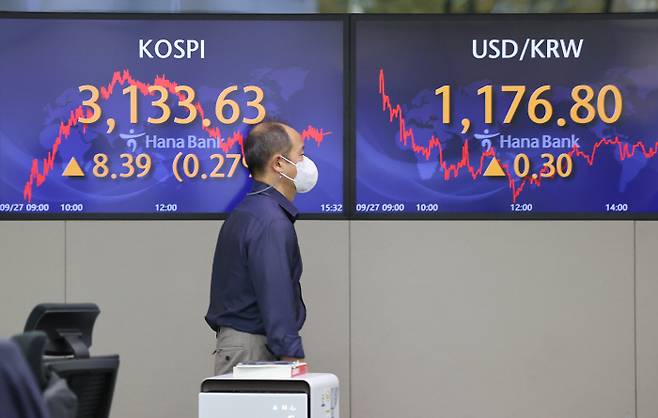 코스피가 상승 마감한 27일 오후 서울 중구 하나은행 딜링룸에서 한 딜러가 자리로 향하고 있다.  이날 코스피는 8.40포인트(0.27%) 오른 3,133.64에 장을 마쳤다. [사진 출처 = 연합뉴스]
