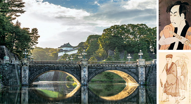 왼쪽 사진은 도쿄 치요다구 에도성의 풍경. 오른쪽 사진은 에도 중기 우키요에 화가 도슈사이 사라쿠(위), 시인 바쇼와 그의 제자 모습. 게티이미지뱅크·위키미디어