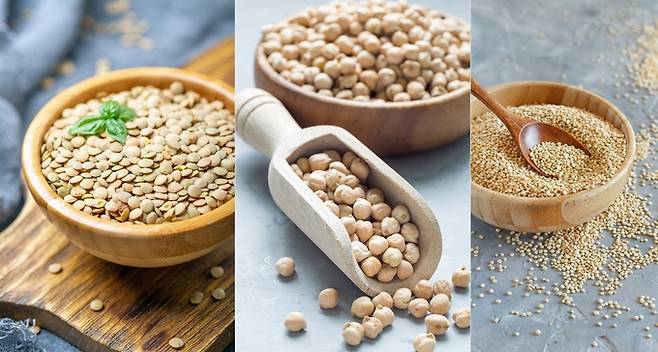 (왼쪽부터) 렌틸콩, 병아리콩, 퀴노아. 게티이미지뱅크